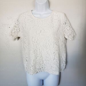 Ellison Women's Large White Lace Lined Short Sleeve Crop Top Blouse Dressy